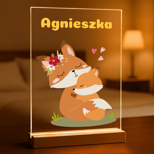 Liski grafika + imię - Druk na szkle z podstawką LED, spersonalizowany prezent dla dziecka - Adamell.pl