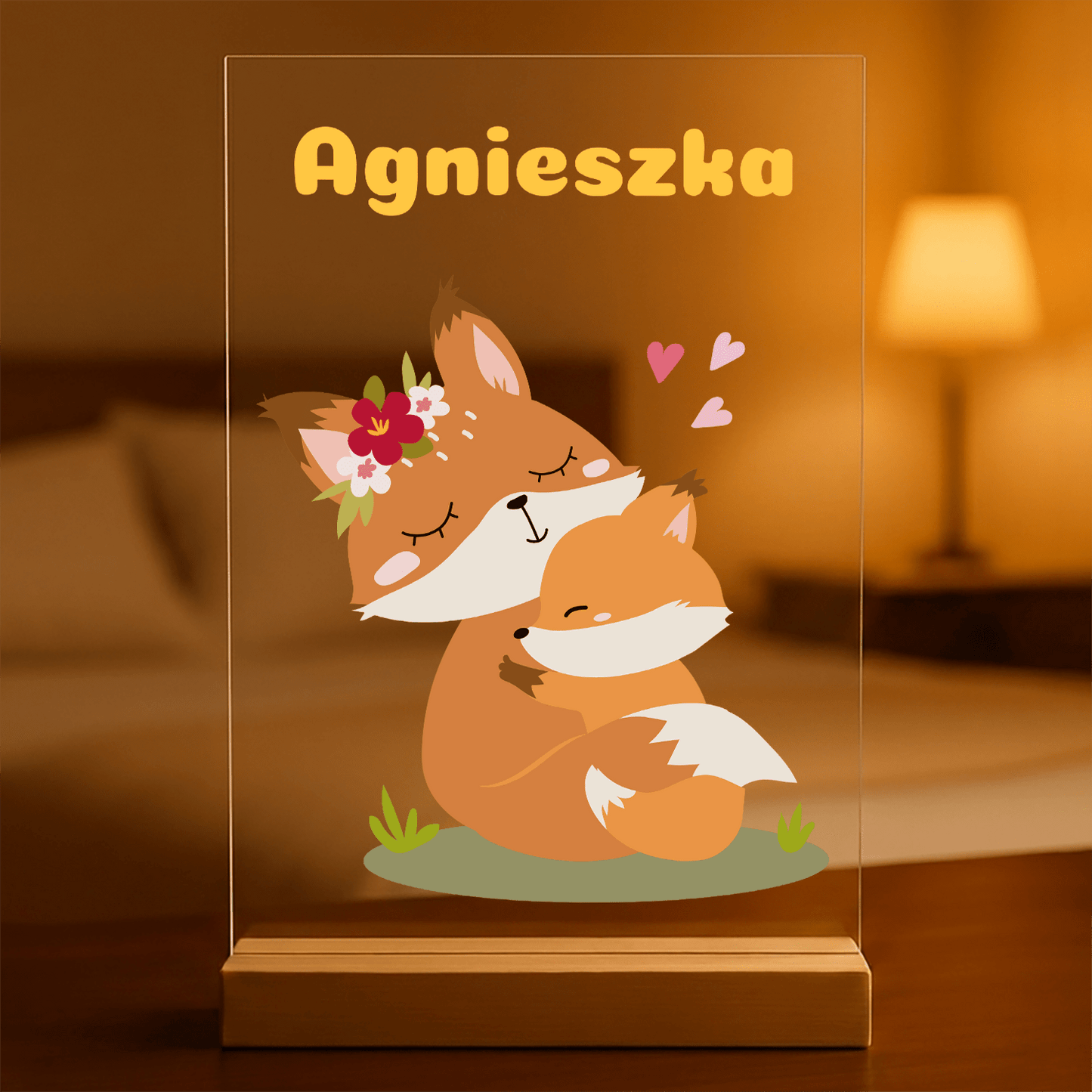 Liski grafika + imię - Druk na szkle z podstawką LED, spersonalizowany prezent dla dziecka - Adamell.pl