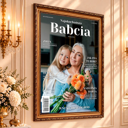Kolaż ze zdjęć na płótnie Najukochańsza babcia na okładce — prezent dla babci