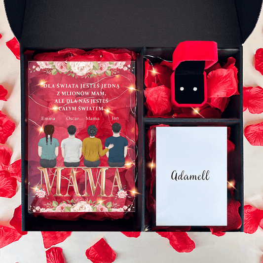 Mama całym światem druk na szkle + kolczyki box 2 w 1 - zestaw prezentowy box, spersonalizowany prezent dla mamy - Adamell.pl