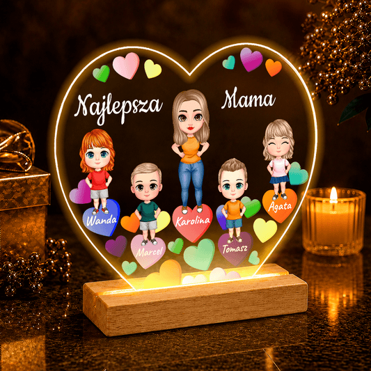 Mama z dziećmi + imiona Clipart - Druk na szkle serce, spersonalizowany prezent dla mamy - Adamell.pl