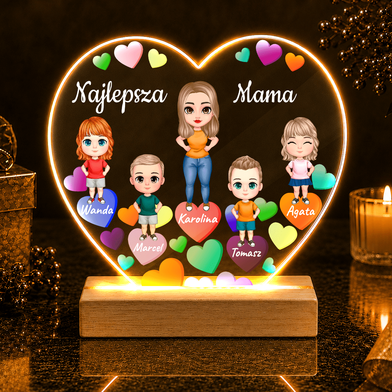 Mama z dziećmi + imiona Clipart - Druk na szkle serce, spersonalizowany prezent dla mamy - Adamell.pl