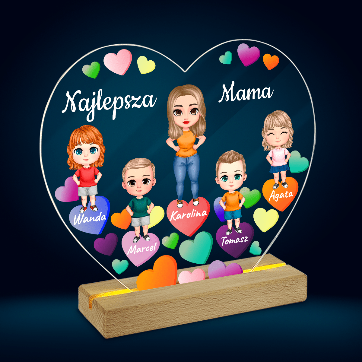 Mama z dziećmi + imiona Clipart - Druk na szkle serce, spersonalizowany prezent dla mamy - Adamell.pl