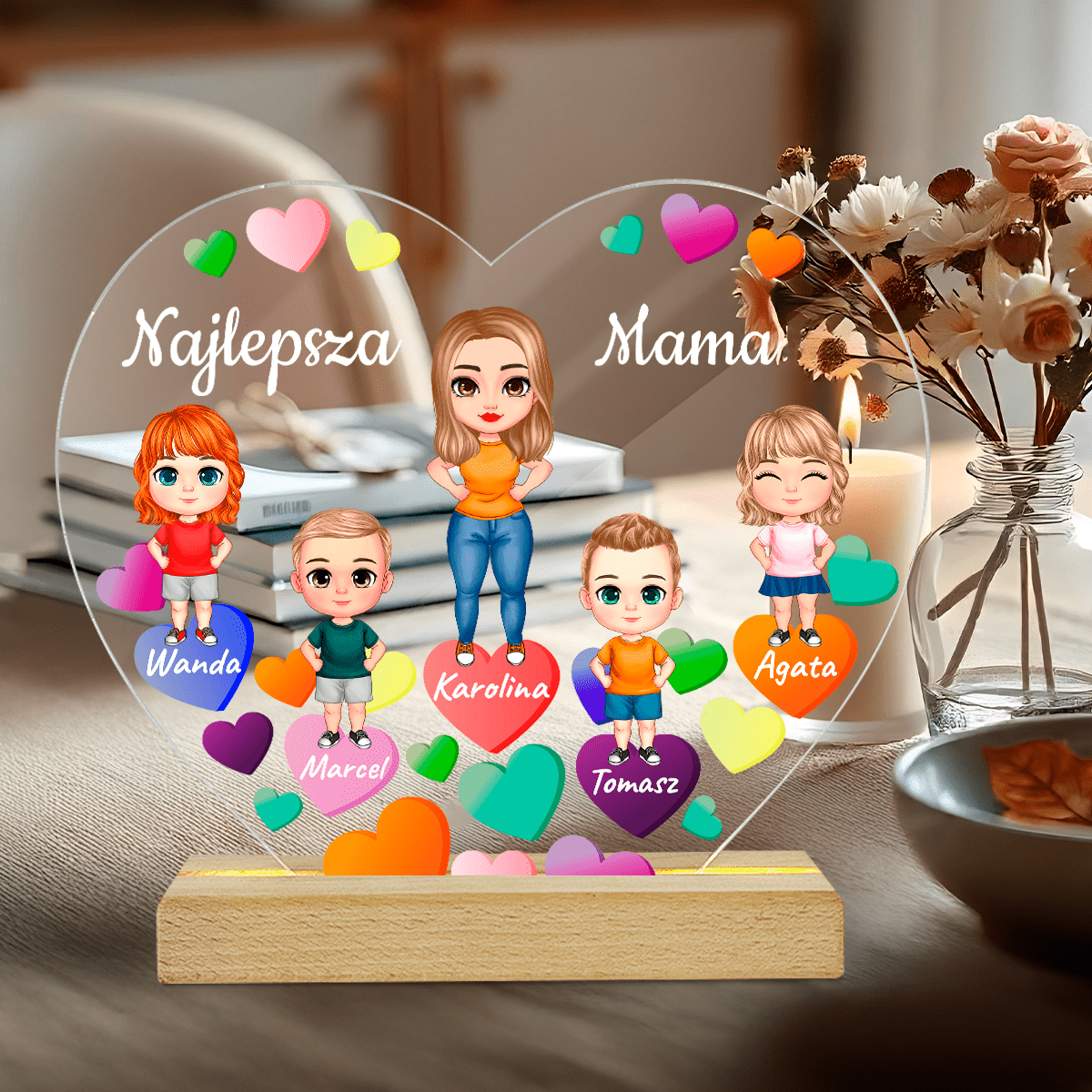 Mama z dziećmi + imiona Clipart - Druk na szkle serce, spersonalizowany prezent dla mamy - Adamell.pl