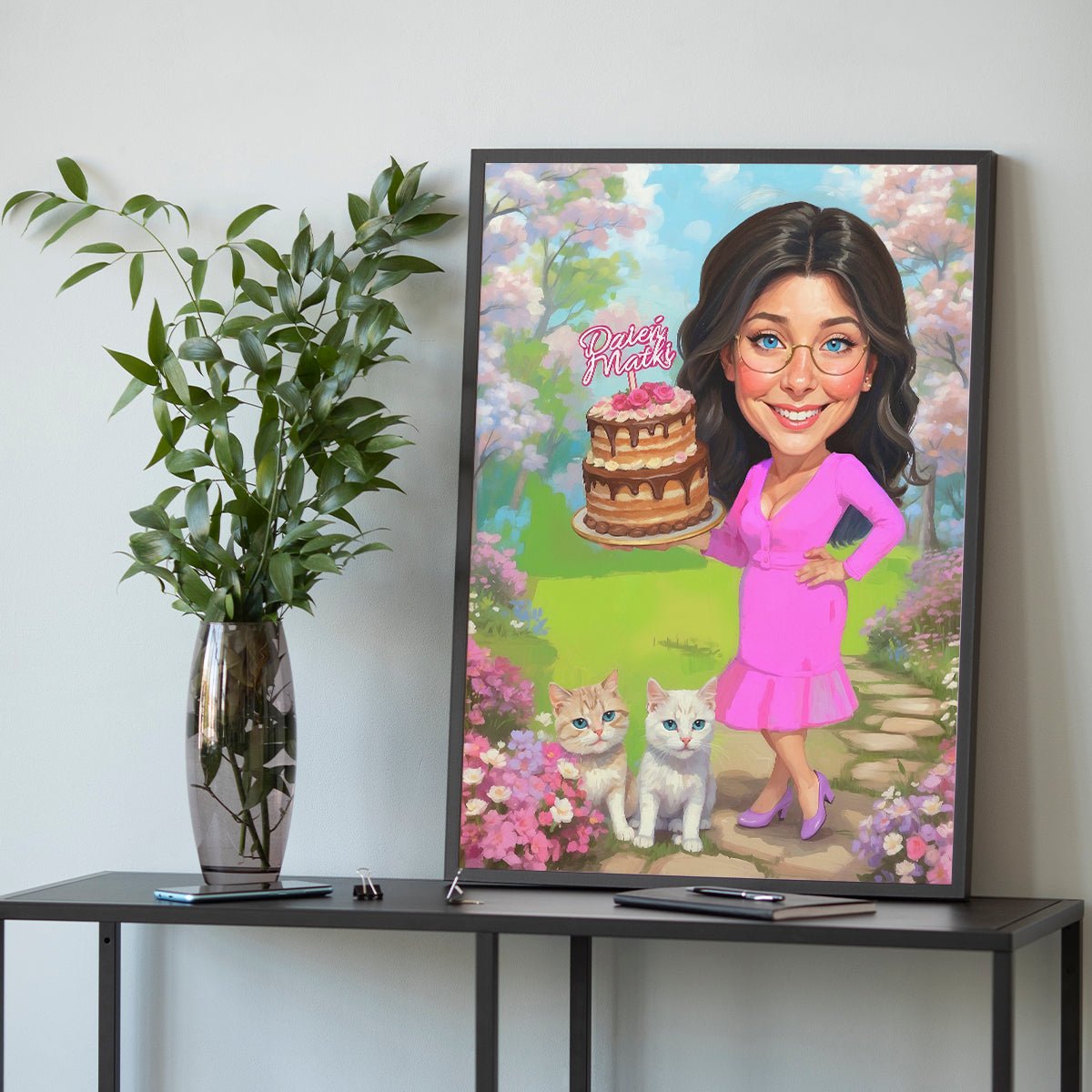 Mama z tortem Ilustracja - plakat, spersonalizowany prezent dla mamy - Adamell.pl