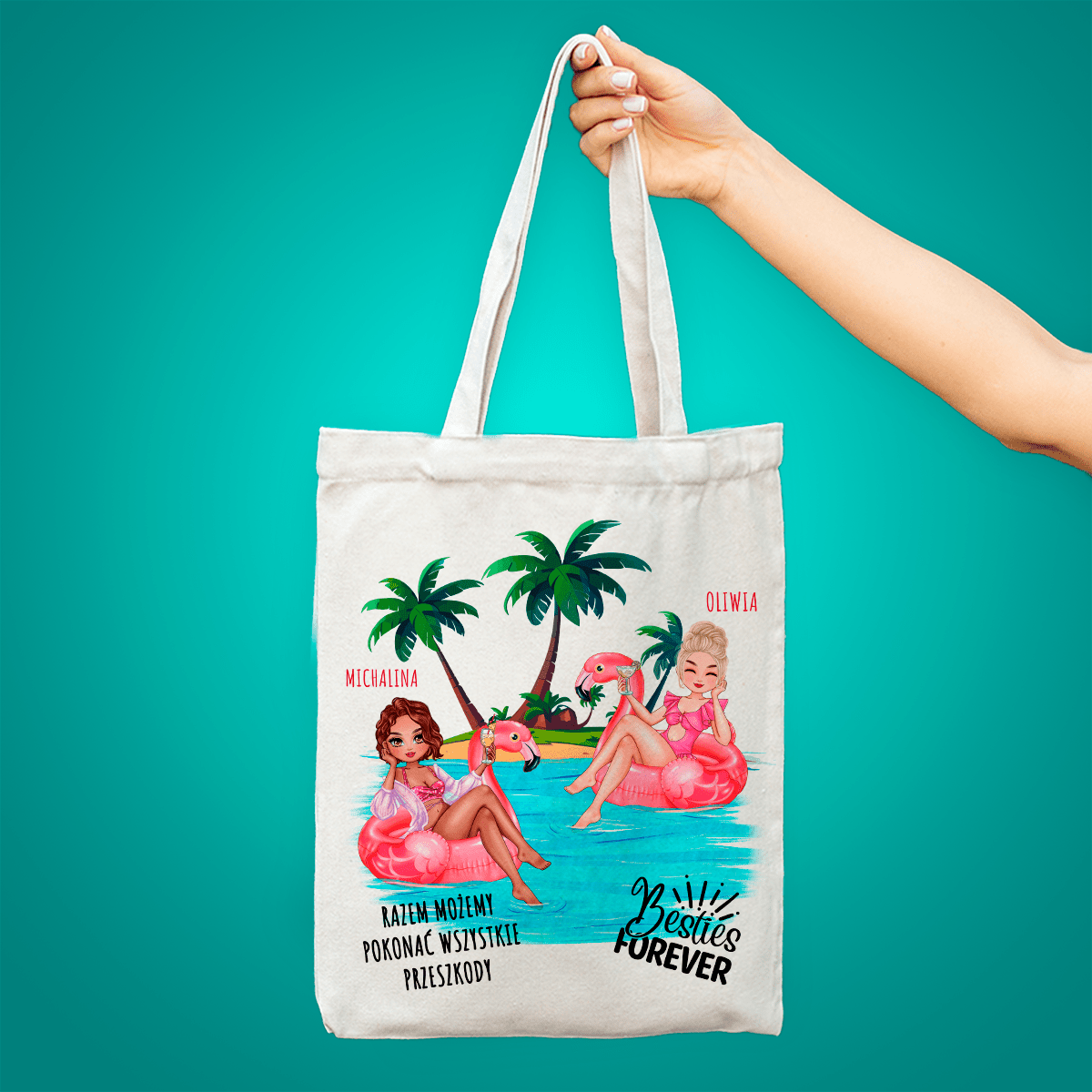 Materiałowa torba shopper z własnym nadrukiem BESTIES FOREVER - spersonalizowany prezent dla przyjaciółki - Adamell.pl