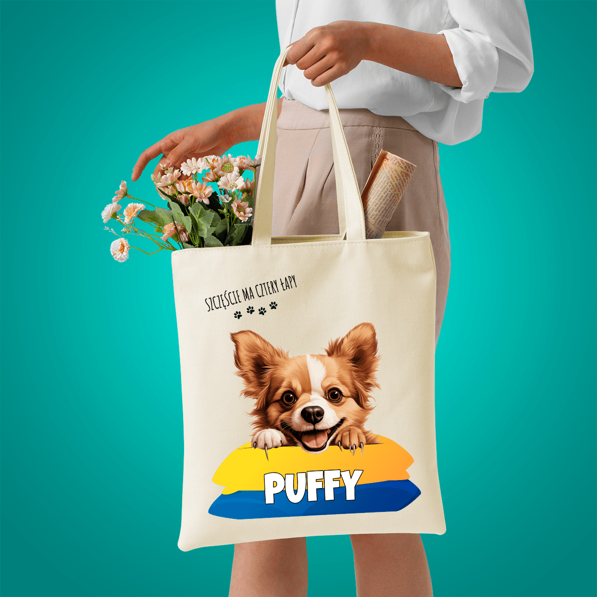 Materiałowa torba shopper z własnym nadrukiem CZTERY ŁAPY - spersonalizowany prezent dla właściciela psa - Adamell.pl