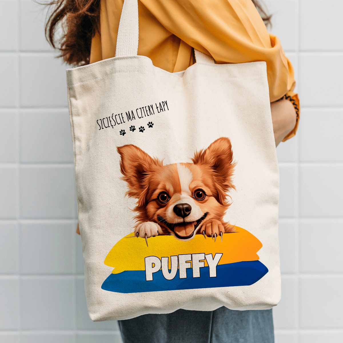 Materiałowa torba shopper z własnym nadrukiem CZTERY ŁAPY - spersonalizowany prezent dla właściciela psa - Adamell.pl