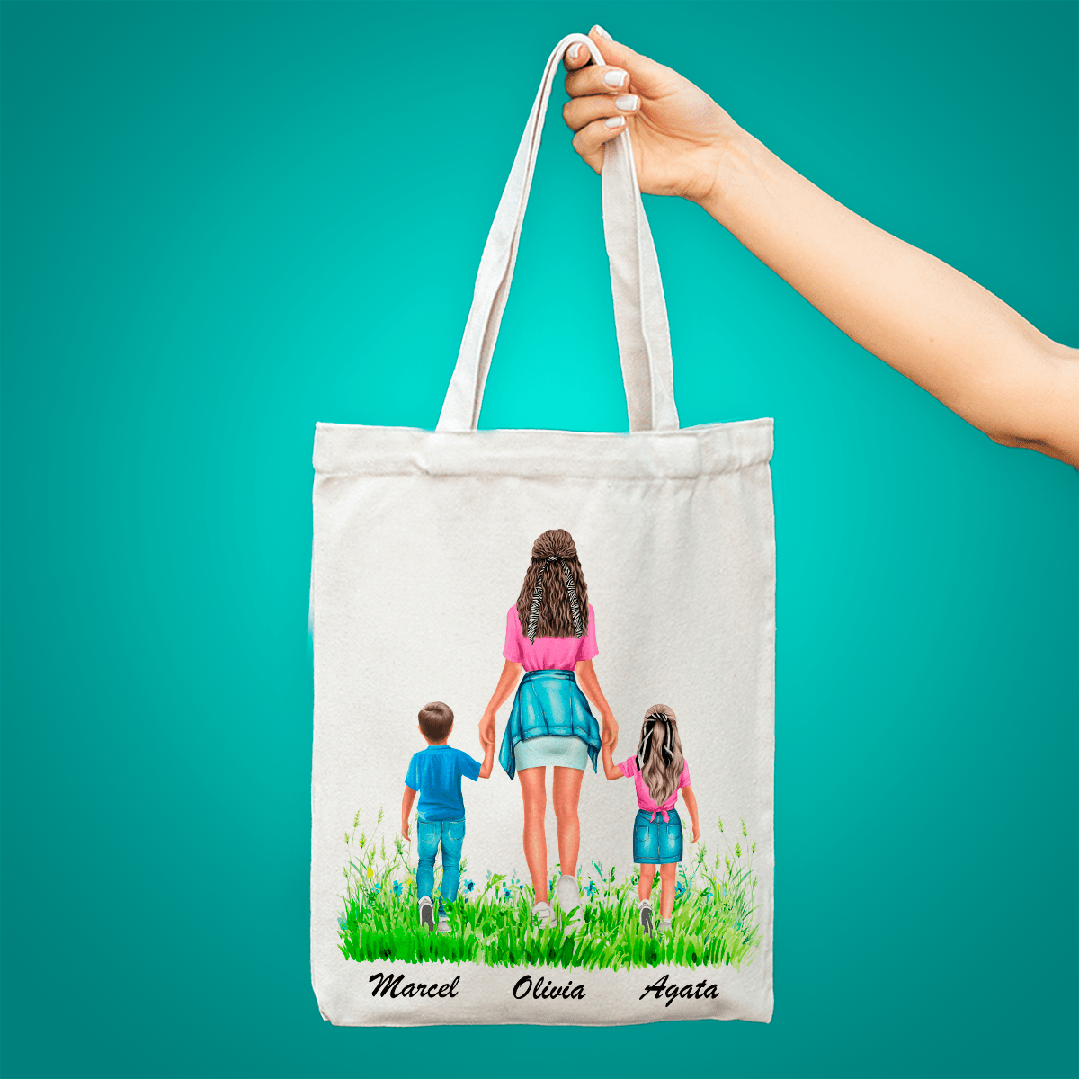 Materiałowa torba shopper z własnym nadrukiem DZIECI Z MAMĄ CLIPART - spersonalizowany prezent dla mamy - Adamell.pl