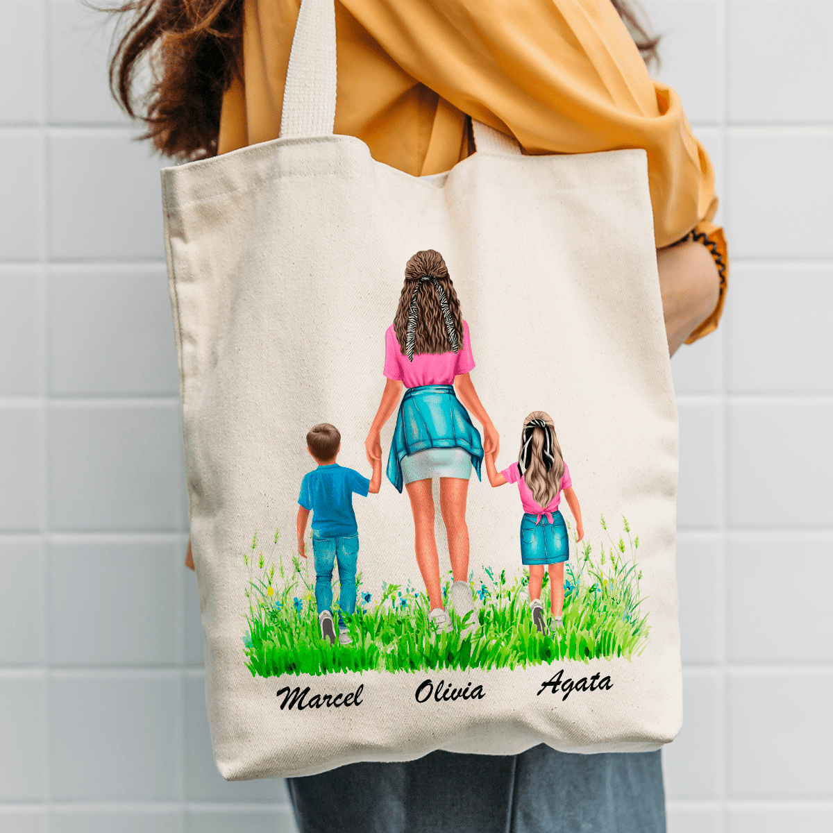 Materiałowa torba shopper z własnym nadrukiem DZIECI Z MAMĄ CLIPART - spersonalizowany prezent dla mamy - Adamell.pl