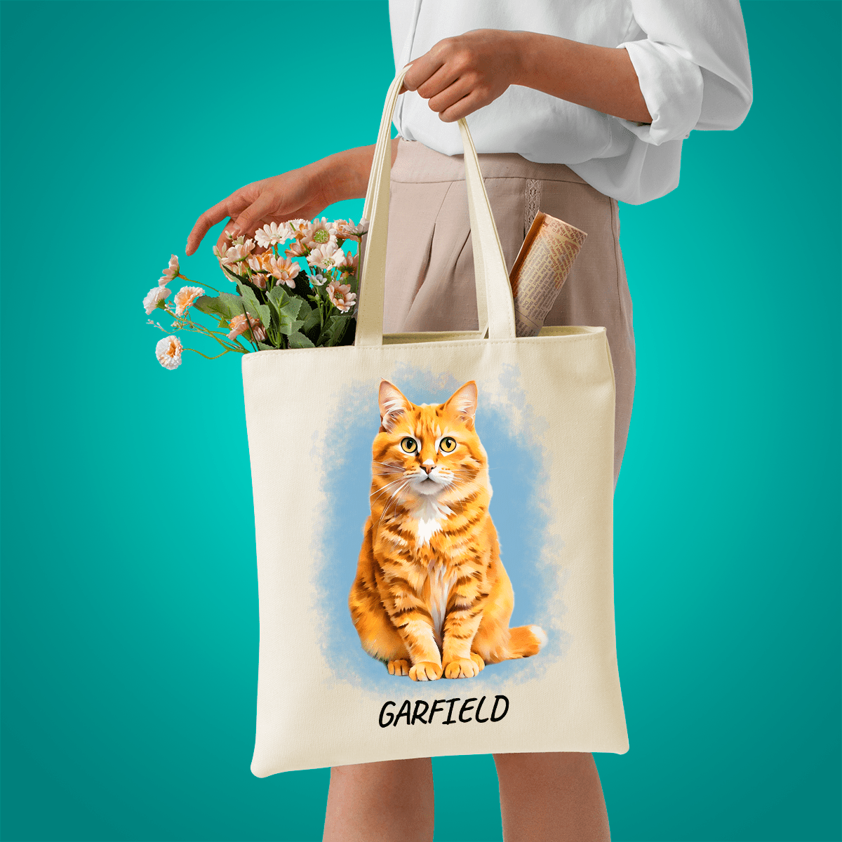 Materiałowa torba shopper z własnym nadrukiem GRAFIKA KOTA + IMIĘ - spersonalizowany prezent dla właściciela kota - Adamell.pl
