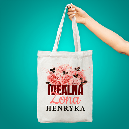 Materiałowa torba shopper z własnym nadrukiem IDEALNA ŻONA - spersonalizowany prezent dla żony - Adamell.pl