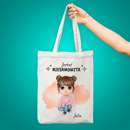 Materiałowa torba shopper z własnym nadrukiem JESTEŚ NIESAMOWITA - spersonalizowany prezent dla nastolatki - Adamell.pl