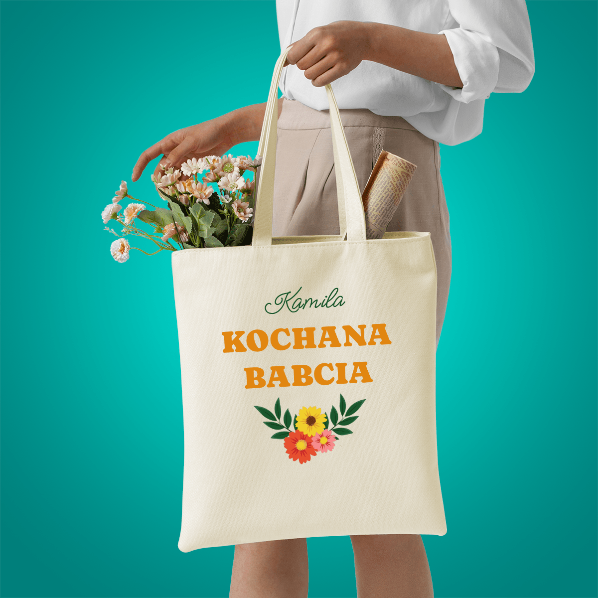 Materiałowa torba shopper z własnym nadrukiem KOCHANA BABCIA - spersonalizowany prezent dla babci - Adamell.pl
