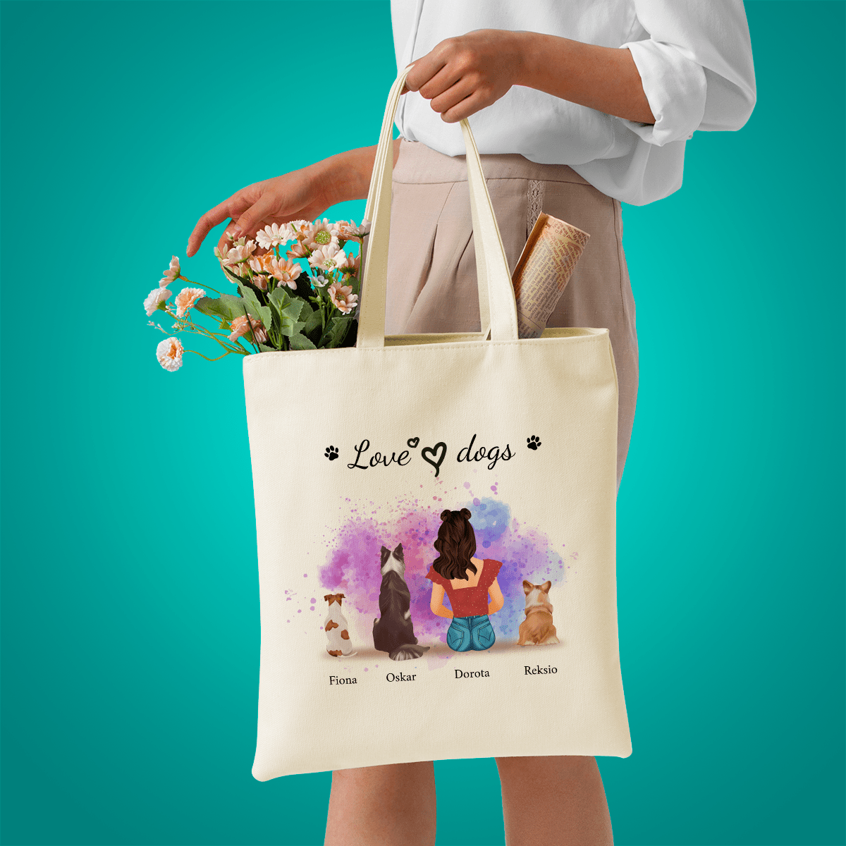 Materiałowa torba shopper z własnym nadrukiem LOVE DOGS - spersonalizowany prezent dla właściciela psa - Adamell.pl