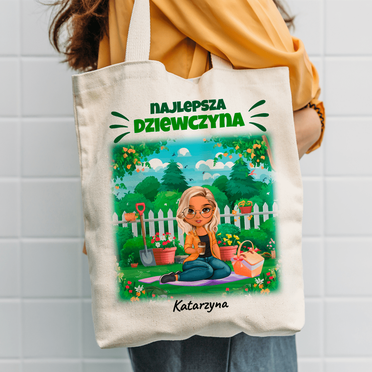 Materiałowa torba shopper z własnym nadrukiem NAJLEPSZA DZIEWCZYNA CLIPART - spersonalizowany prezent dla kobiety - Adamell.pl