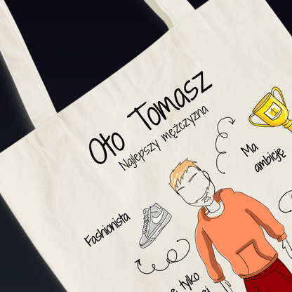 Materiałowa torba shopper z własnym nadrukiem NAJLEPSZY MĘŻCZYZNA - spersonalizowany prezent dla niego - Adamell.pl