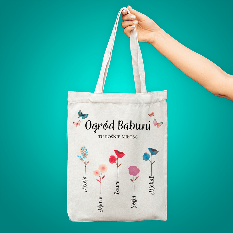 Materiałowa torba shopper z własnym nadrukiem OGRÓD BABUNI - spersonalizowany prezent dla babci - Adamell.pl