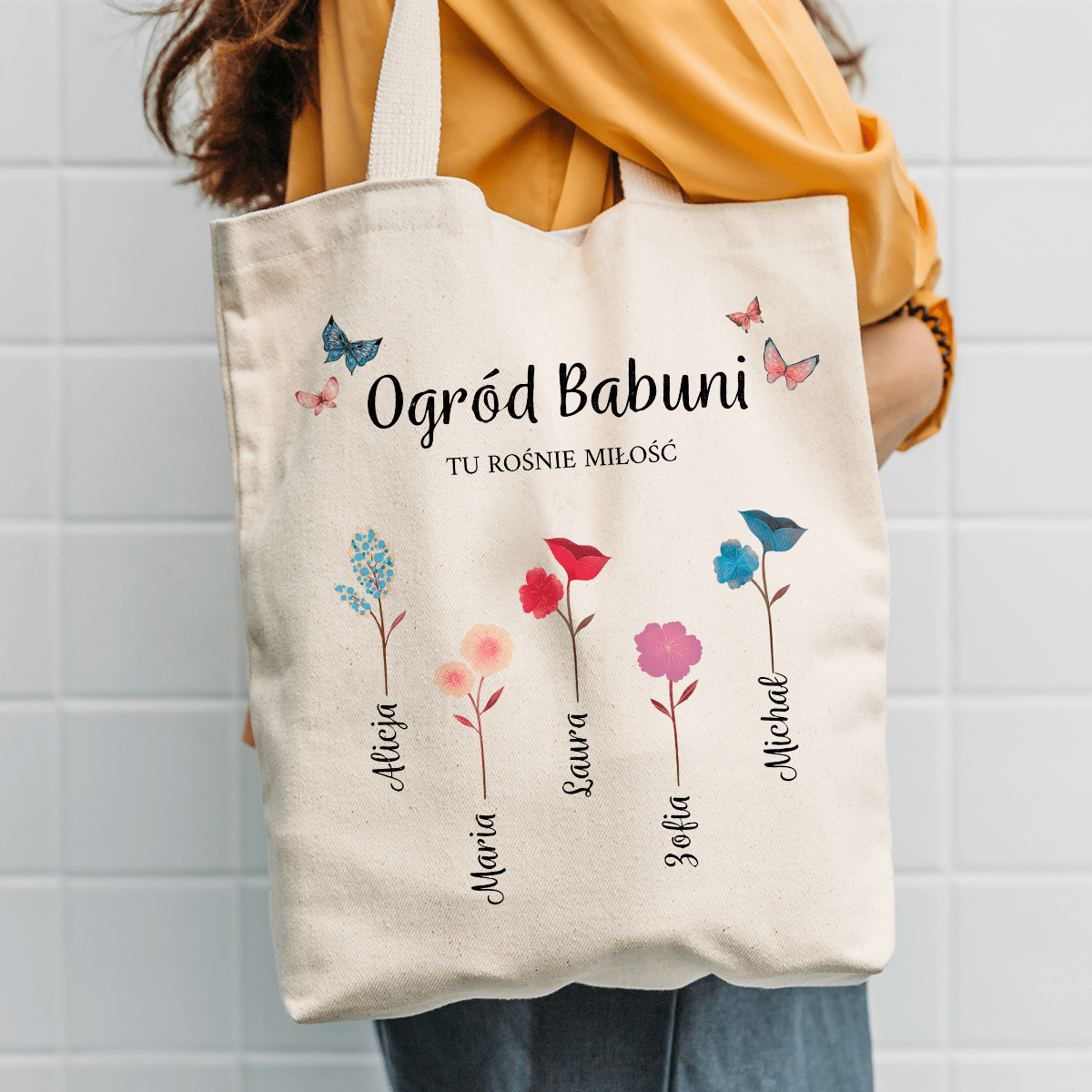 Materiałowa torba shopper z własnym nadrukiem OGRÓD BABUNI - spersonalizowany prezent dla babci - Adamell.pl