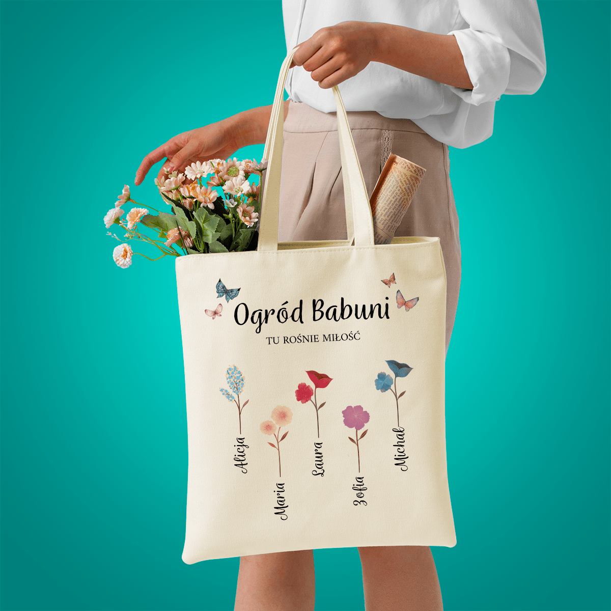 Materiałowa torba shopper z własnym nadrukiem OGRÓD BABUNI - spersonalizowany prezent dla babci - Adamell.pl