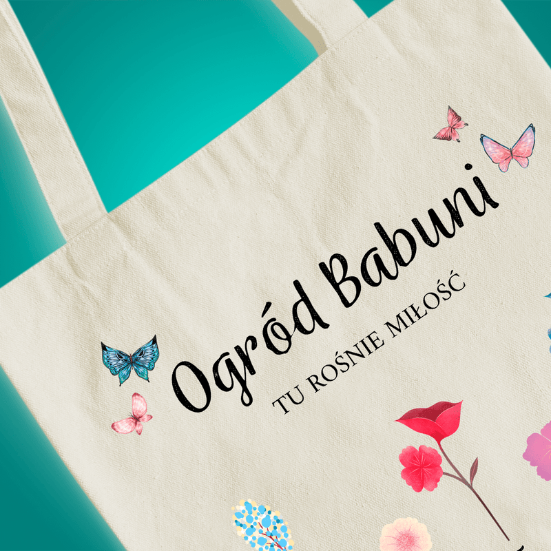 Materiałowa torba shopper z własnym nadrukiem OGRÓD BABUNI - spersonalizowany prezent dla babci - Adamell.pl