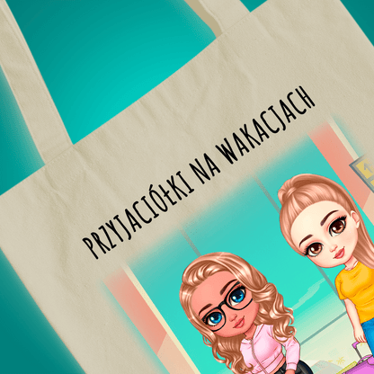 Materiałowa torba shopper z własnym nadrukiem PRZYJACIÓŁKI NA WAKACJACH - spersonalizowany prezent dla przyjaciółki - Adamell.pl