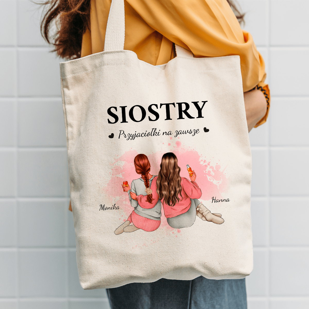 Materiałowa torba shopper z własnym nadrukiem SIOSTRY - spersonalizowany prezent dla siostry - Adamell.pl
