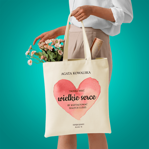 Materiałowa torba shopper z własnym nadrukiem WIELKIE SERCE - spersonalizowany prezent dla nauczycielki - Adamell.pl