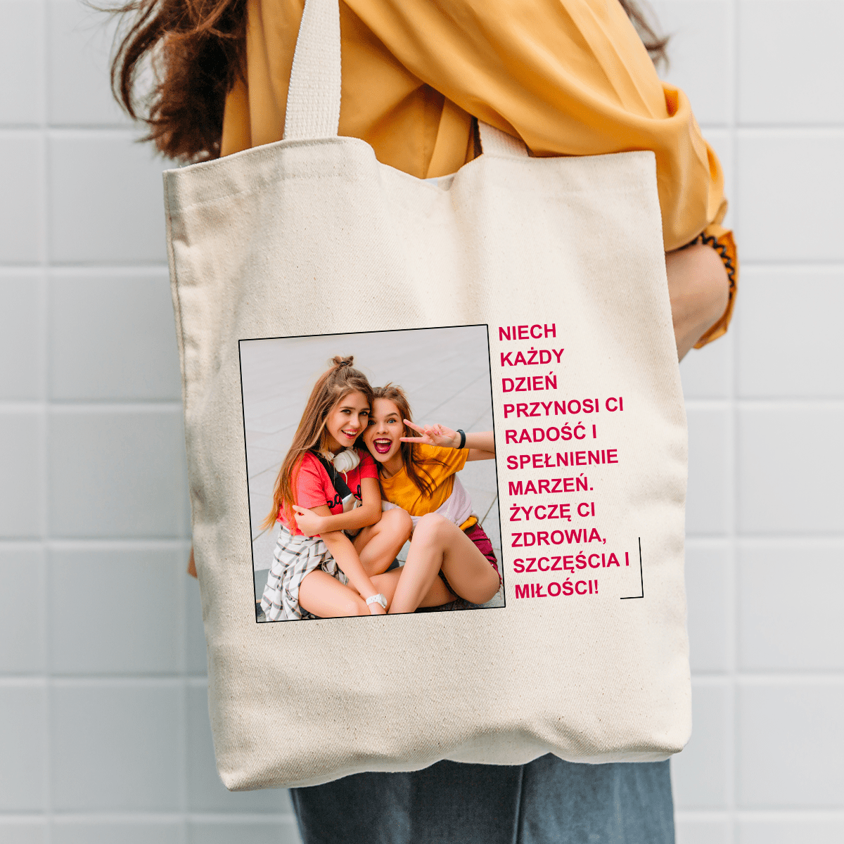 Materiałowa torba shopper z własnym nadrukiem ŻYCZENIA - spersonalizowany prezent dla przyjaciółki - Adamell.pl