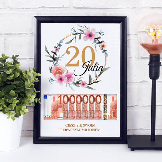 Milion na 20 urodziny - Ramka na pieniądze, spersonalizowany prezent dla niej - Adamell.pl