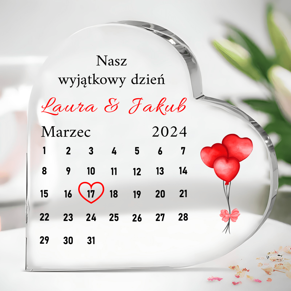Miłosny kalendarz - Szklane serce, spersonalizowany prezent dla niej - Adamell.pl
