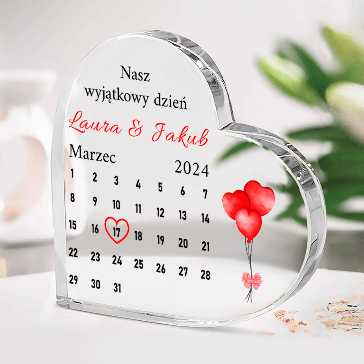 Miłosny kalendarz - Szklane serce, spersonalizowany prezent dla niej - Adamell.pl