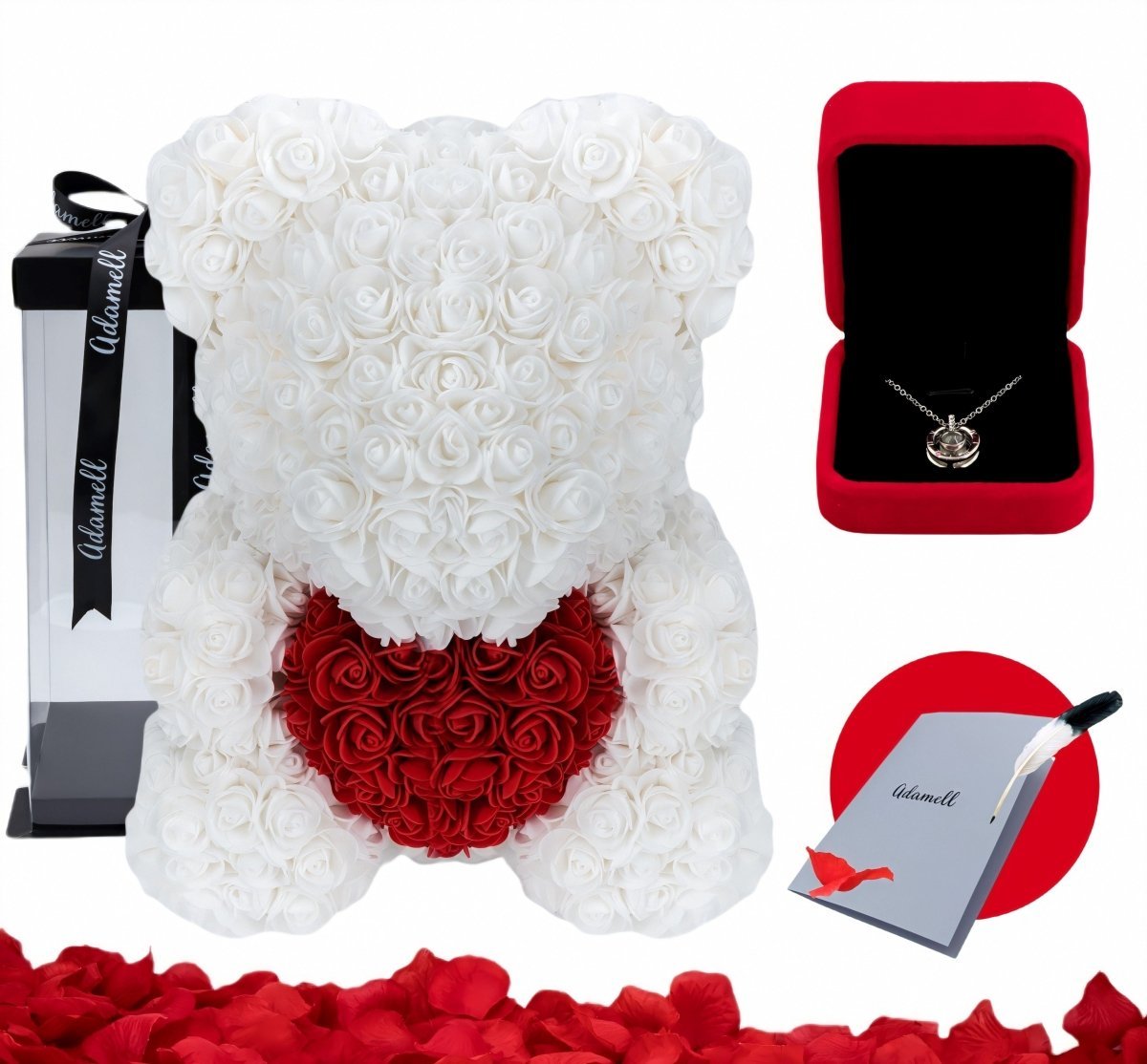 Miś z róż | Biały z sercem 25cm, Elegancki Prezent od serca dla bff, cioci, szefowej, informatyka, na dzień babci, na imieniny, na 25, 40 rocznicę - Adamell.pl