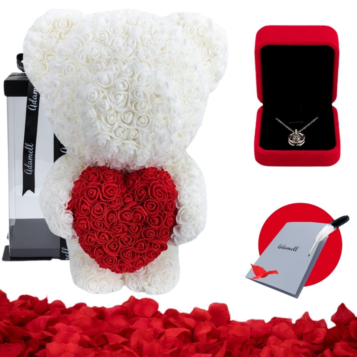 Miś z róż | Biały z sercem 60cm, Upominek na dzień kobiet, na 20 rocznicę, na gwiazdkę, wspólny prezent, na bierzmowanie, dla wychowawcy, pielęgniarki - Adamell.pl