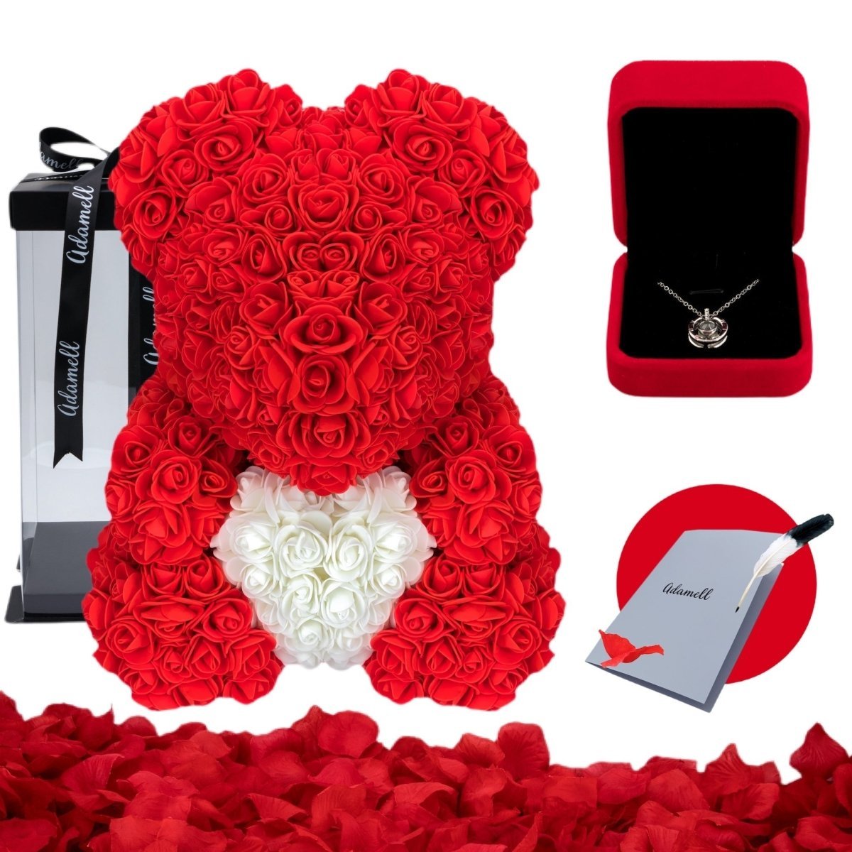 Miś z róż | Czerwony z sercem 25cm ZESTAW, Wyjątkowy pomysł na prezent dla dziewczyny - Adamell.pl