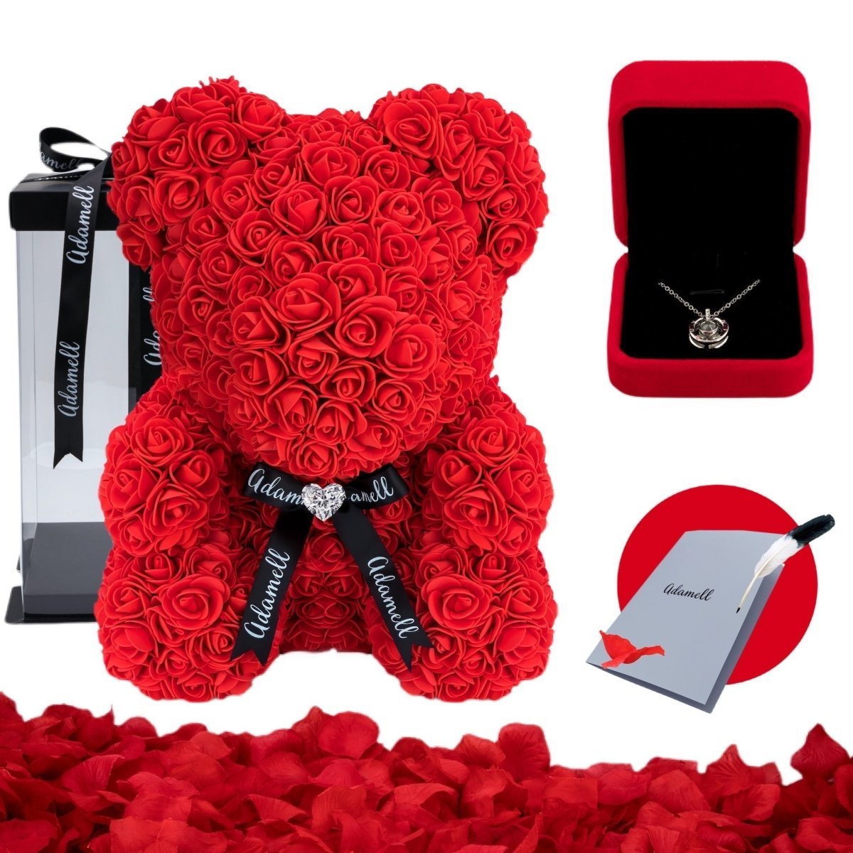 Miś z róż | Czerwony ze wstążką 25cm, Wyjatkowy pomysł na prezent dla dziewczyny, przyjaciółki, kobiety, najlepsze na walentynki, na 18 urodziny - Adamell.pl