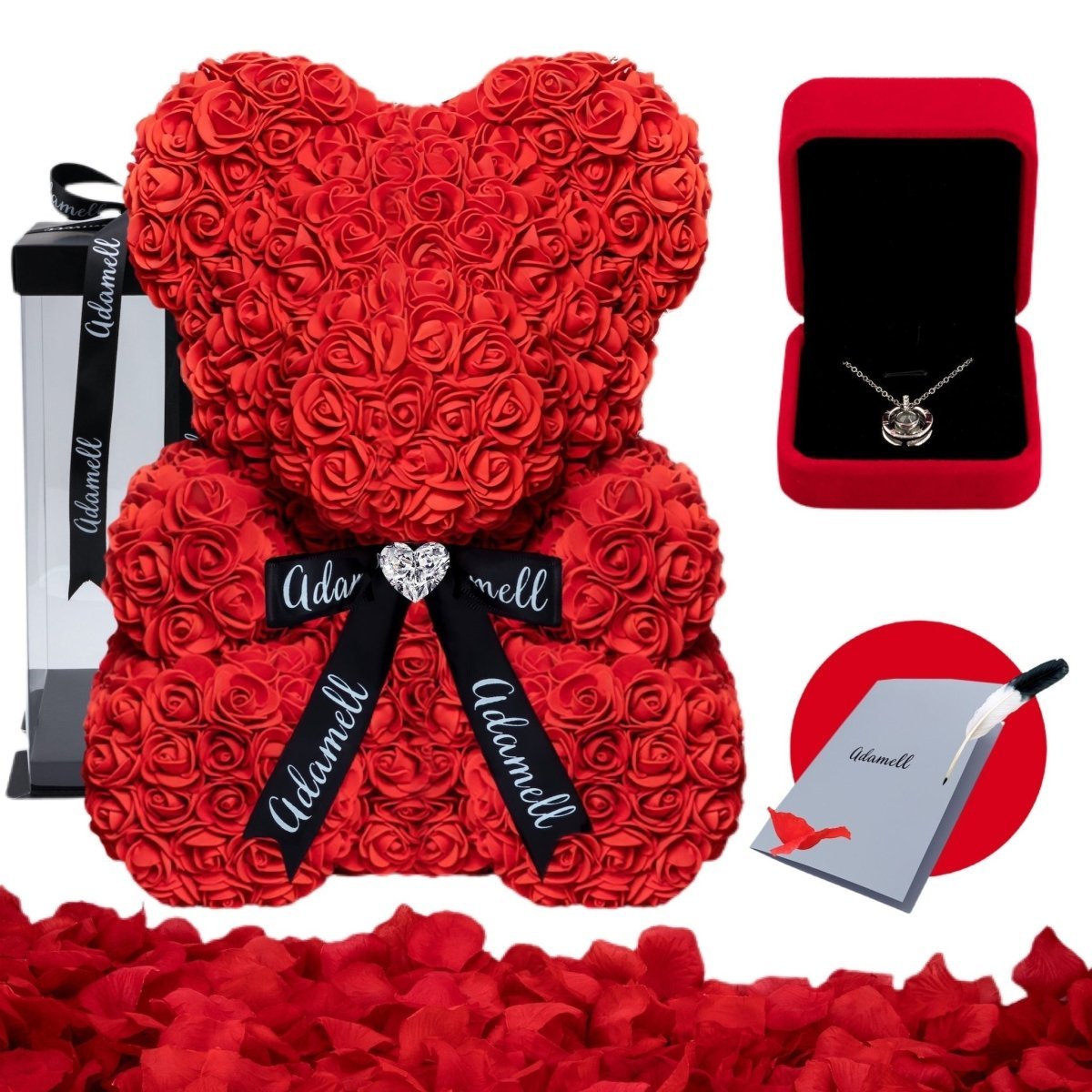 Miś z róż | Czerwony ze wstążką 40cm, Wyjatkowy pomysł na prezent dla dziewczyny, przyjaciółki, kobiety, najlepsze na walentynki, na 18 urodziny - Adamell.pl