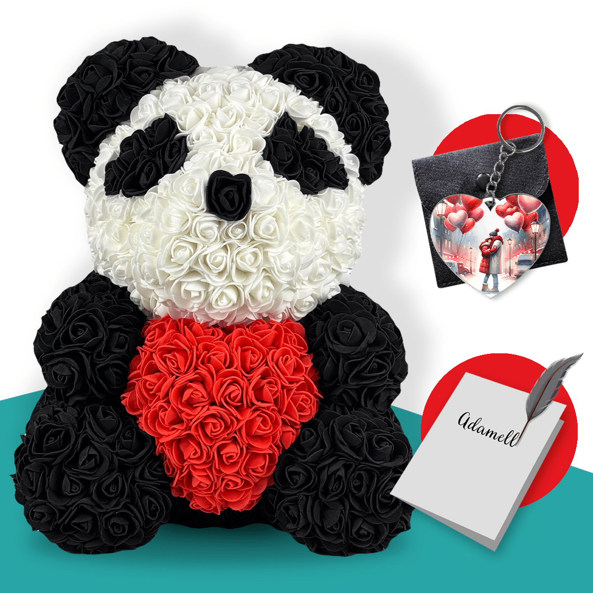 Miś z róż | Panda z sercem 40cm, Nietypowy prezent dla dziadków, prababci, emerytki, dla 70 latka, na emeryturę, na 60, 65, 70 urodziny - Adamell.pl