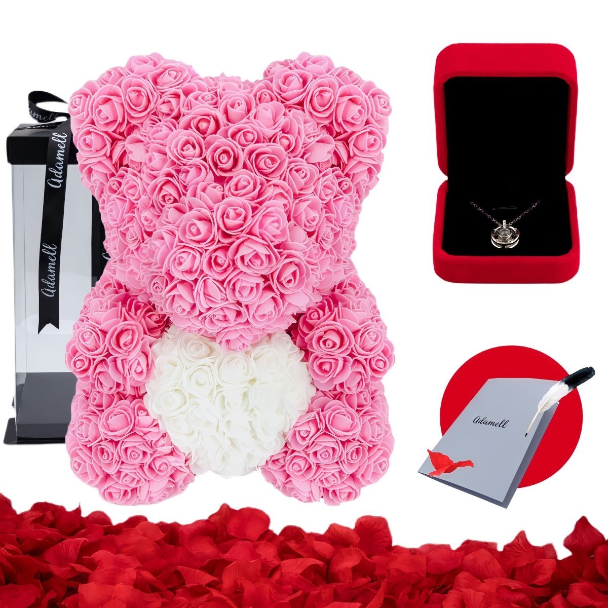 Miś z róż | Różowy z sercem 25cm, Elegancki Prezent od serca dla bff, cioci, szefowej, informatyka, na dzień babci, na imieniny, na 25, 40 rocznicę - Adamell.pl