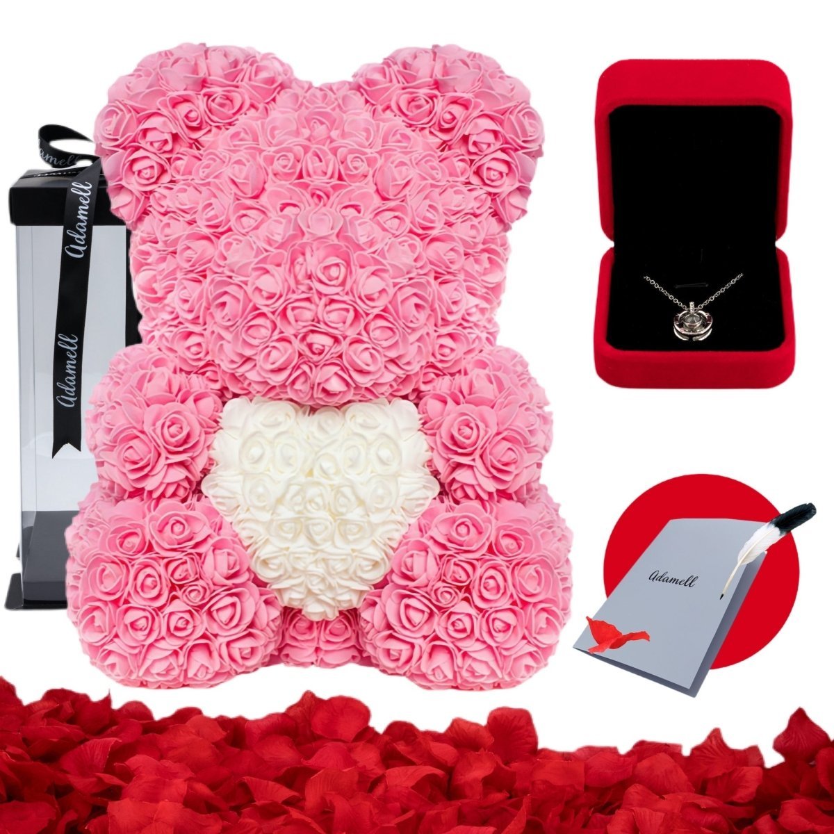 Miś z róż | Różowy z sercem 40cm, Ciekawe Oryginalne prezenty dla młodej pary, świadków, na wesele wieczór panieński, Wielkanoc, do domu, dla 60 latka - Adamell.pl