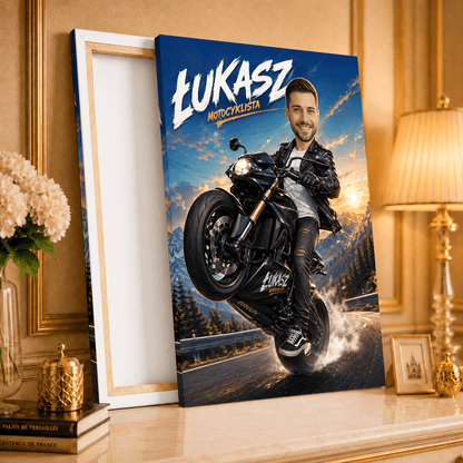 Motocyklista Ilustracja - druk na płótnie, spersonalizowany prezent dla motocyklisty - Adamell.pl