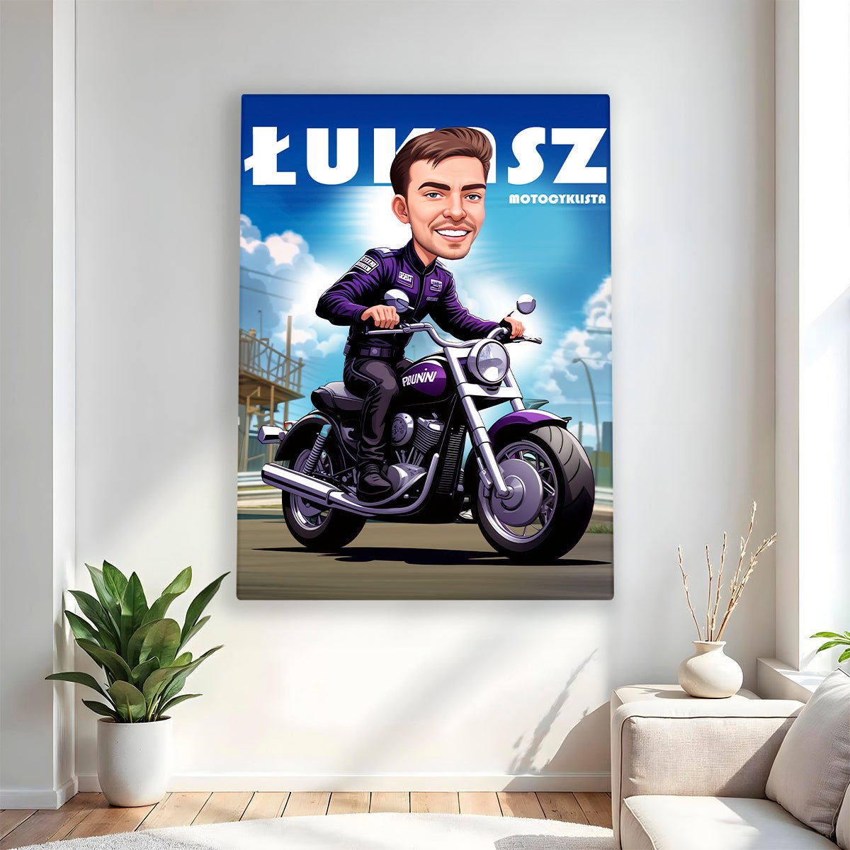 Motocyklista Ilustracja - druk na płótnie, spersonalizowany prezent dla motocyklisty - Adamell.pl