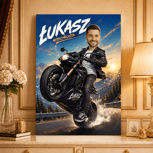 Motocyklista Ilustracja - druk na płótnie, spersonalizowany prezent dla motocyklisty - Adamell.pl