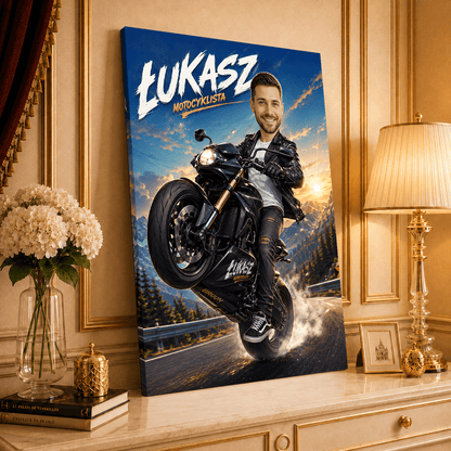 Motocyklista Ilustracja - druk na płótnie, spersonalizowany prezent dla motocyklisty - Adamell.pl