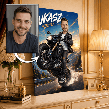Motocyklista Ilustracja - druk na płótnie, spersonalizowany prezent dla motocyklisty - Adamell.pl