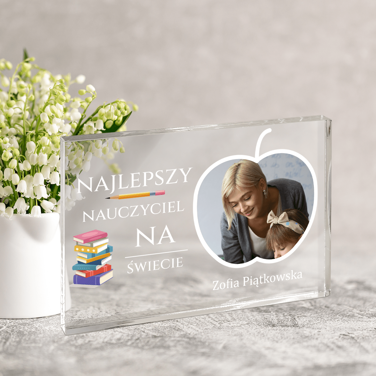 Najlepszy nauczyciel zdjęcie + tekst - Druk na szkle, spersonalizowany prezent dla nauczyciela - Adamell.pl