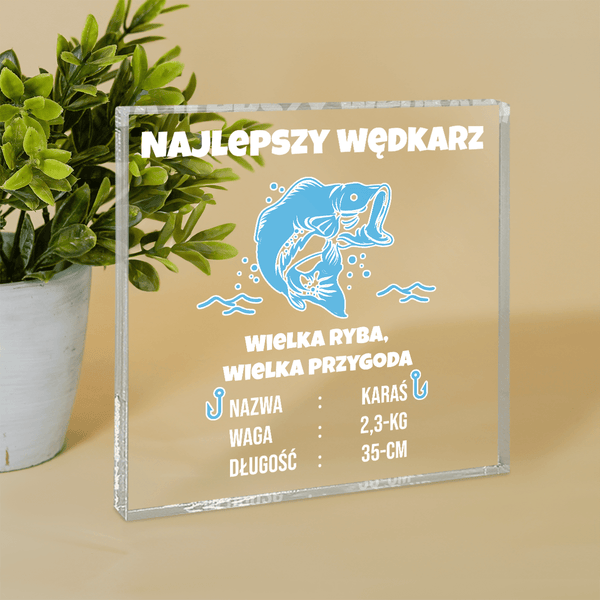 Najlepszy wędkarz - Druk na kwadratowym szkle, spersonalizowany prezent dla niego - Adamell.pl