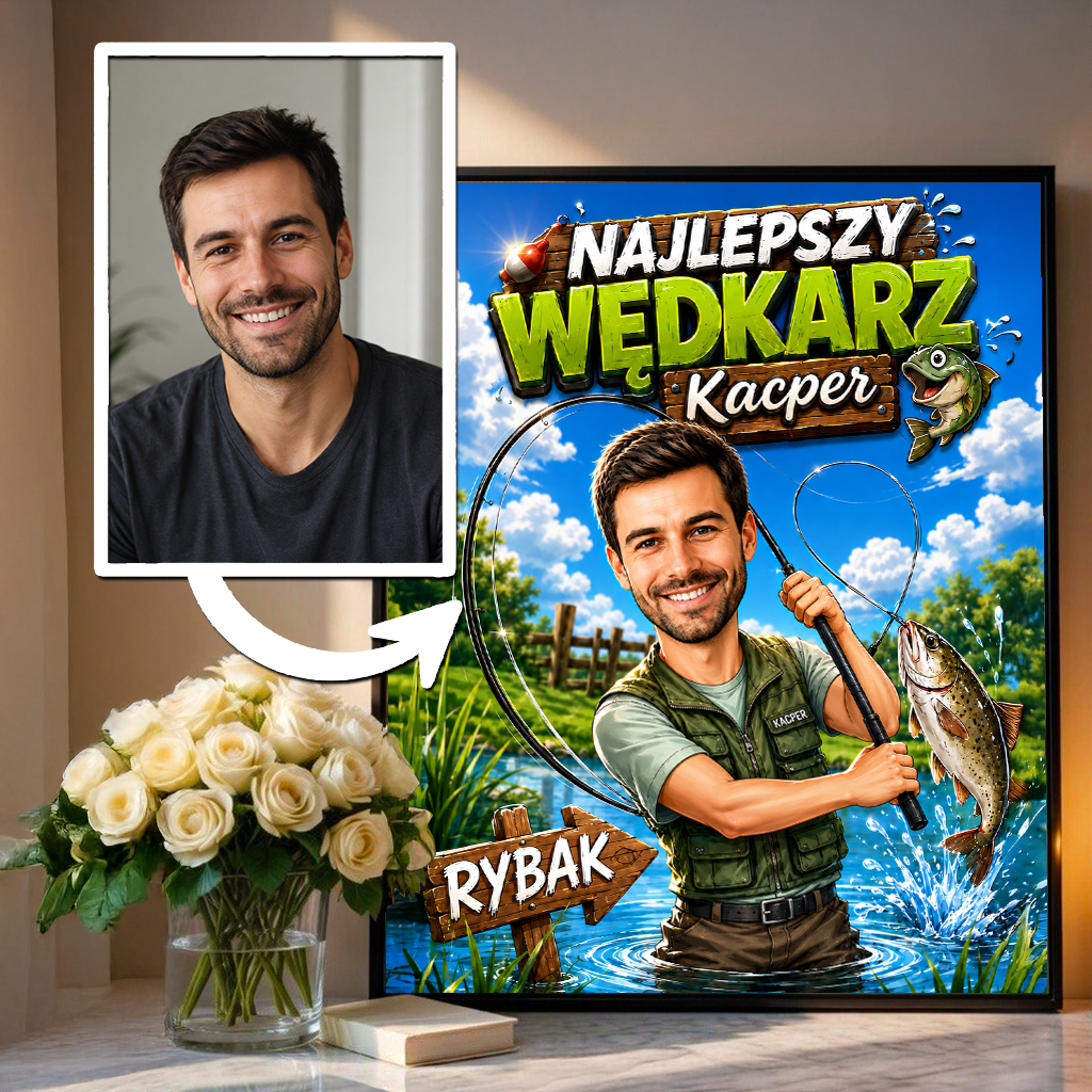 Najlepszy wędkarz ilustracja - plakat, spersonalizowany prezent dla wędkarza - Adamell.pl