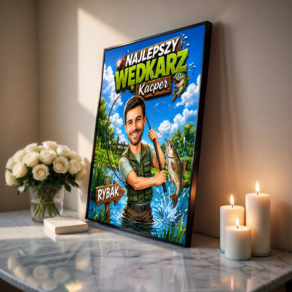 Najlepszy wędkarz ilustracja - plakat, spersonalizowany prezent dla wędkarza - Adamell.pl