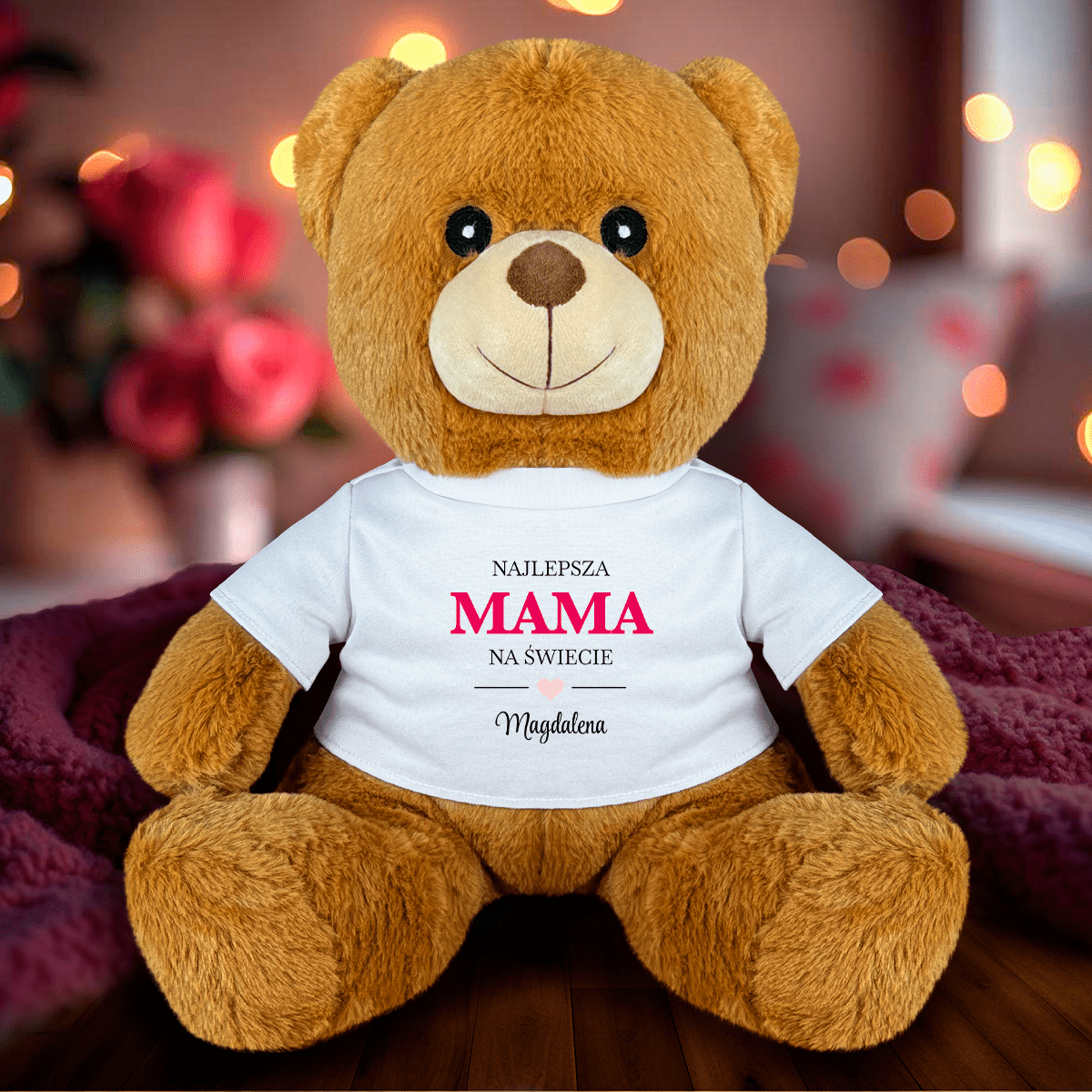 Napis NAJLEPSZA MAMA + imię - Miś z nadrukiem, spersonalizowany prezent dla mamy - Adamell.pl